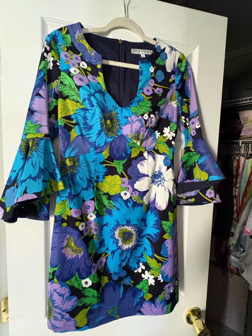 Trina Turk Blue and Purple Floral Long-Sleeve V-Neck Dress